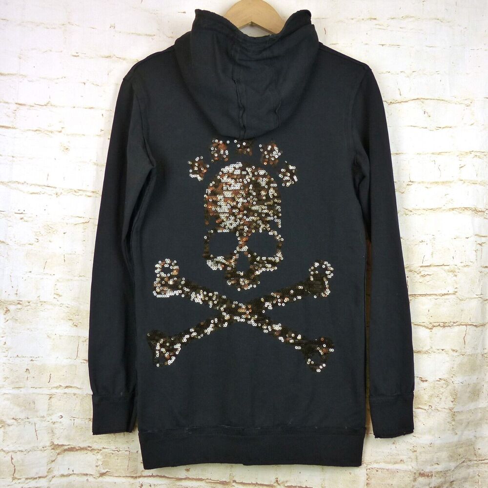 Bad Spirit Massimo Sabbadin Skull Hoodie Womens L Black Crossbones Sequins Italy